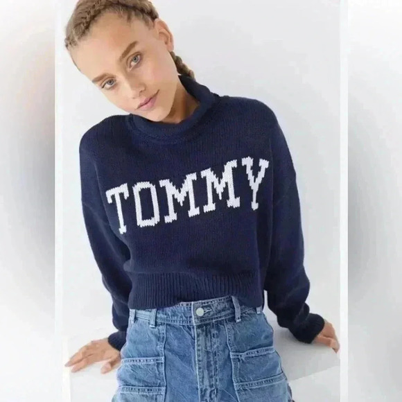 Tommy Hilfiger Jeans Logo Turtleneck Sweater slouchy navy blue woman size S top - Picture 1 of 15